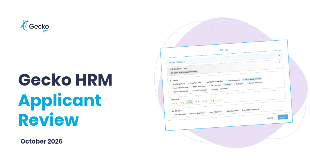 Gecko HRM Applicant Review cover with a single-requisition filter dialog.