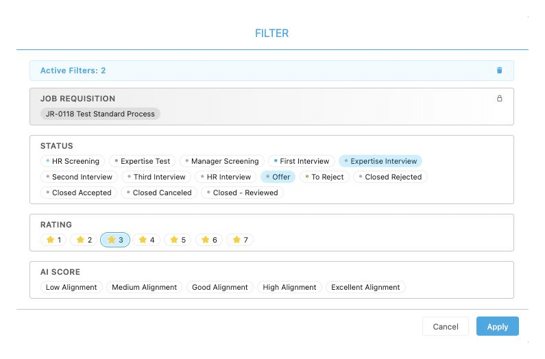 Gecko applicant-review filter dialog with a locked requisition and status, rating and AI-score filters.