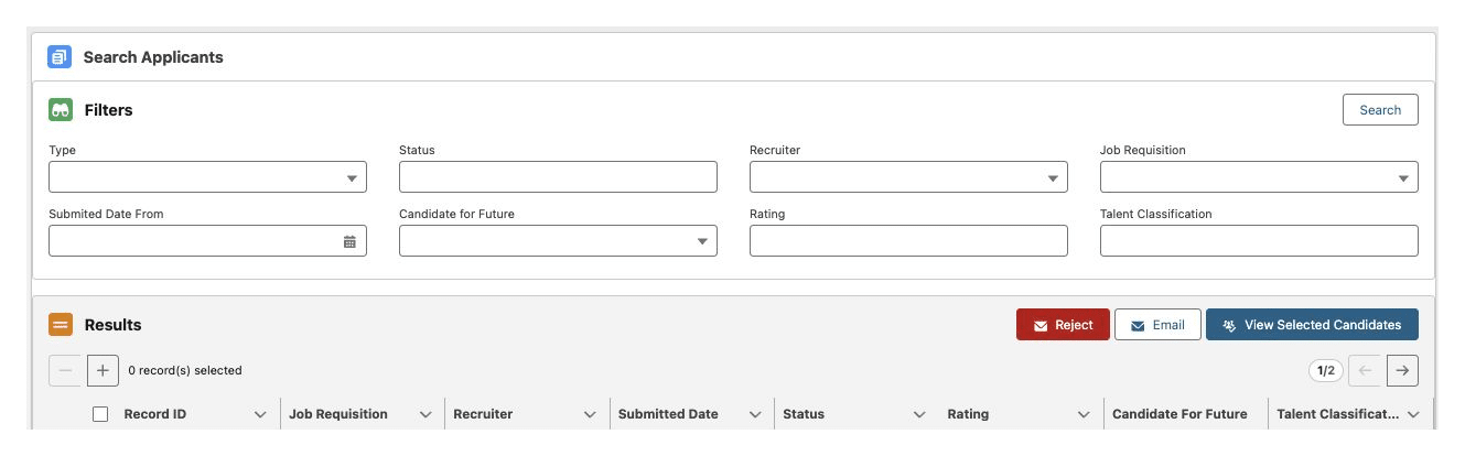 Gecko Search Applicants view with filters across requisitions and Reject, Email and View Selected Candidates actions, with candidate rows omitted.