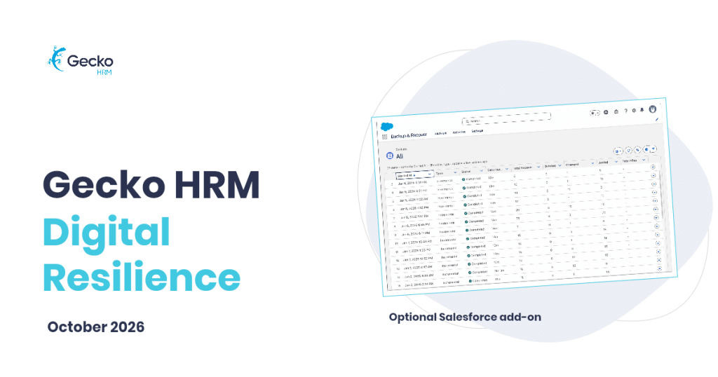 Gecko HRM Digital Resilience cover showing the optional Salesforce Backup & Recover add-on.