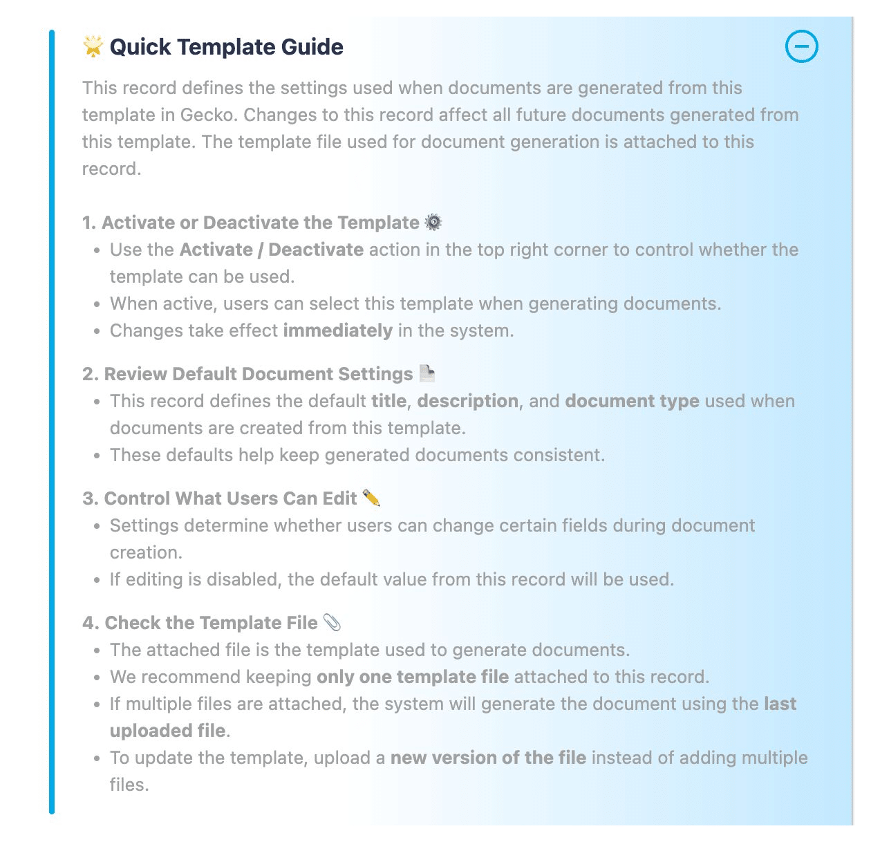 Gecko Quick Template Guide describing the settings used to generate documents.