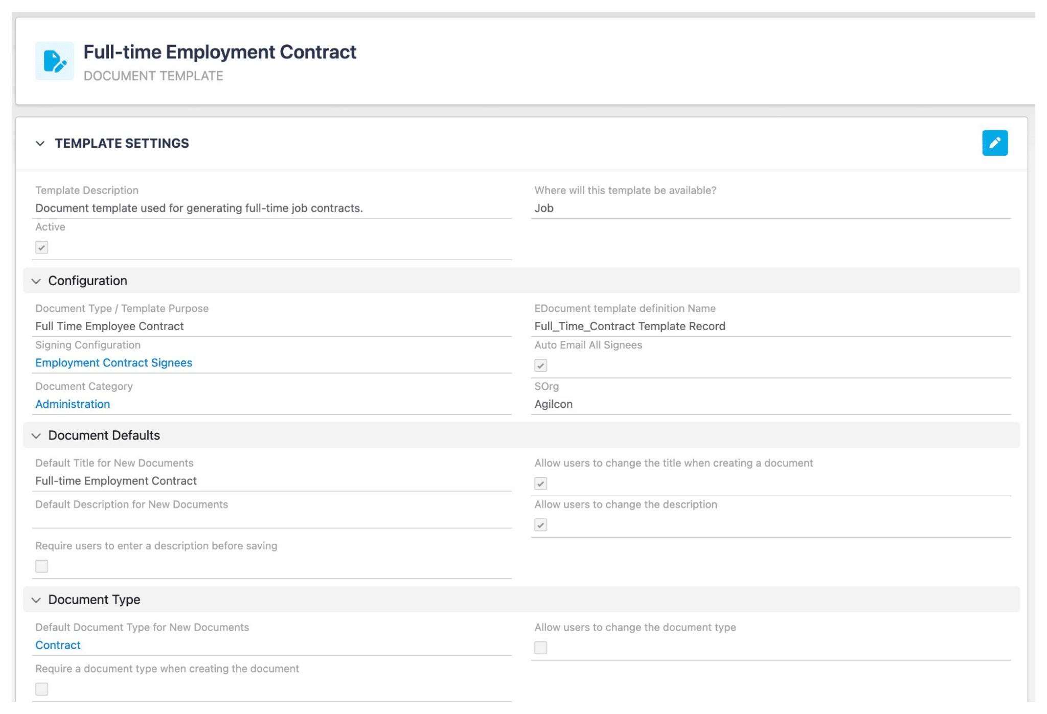 Gecko document-template record showing configuration, document defaults and permitted edits.