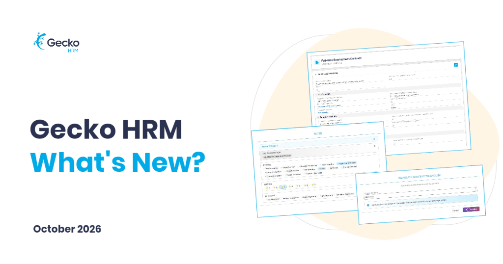 Gecko HRM What's New cover with separately framed translation, applicant-filter and document-template views.