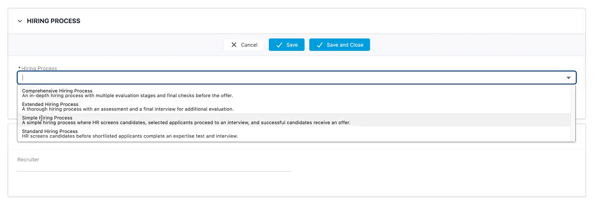Gecko hiring-process selector open with four configured process options and their descriptions.