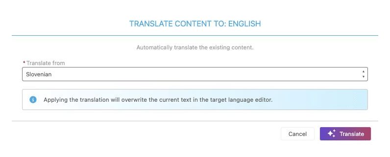 Gecko job-ad translation dialog set to translate Slovenian content into English, with a target-text overwrite warning.