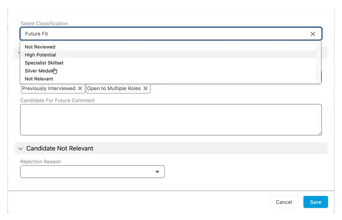 Gecko evaluation controls showing talent-classification options, reusable talent tags and a comment field, without candidate identity.