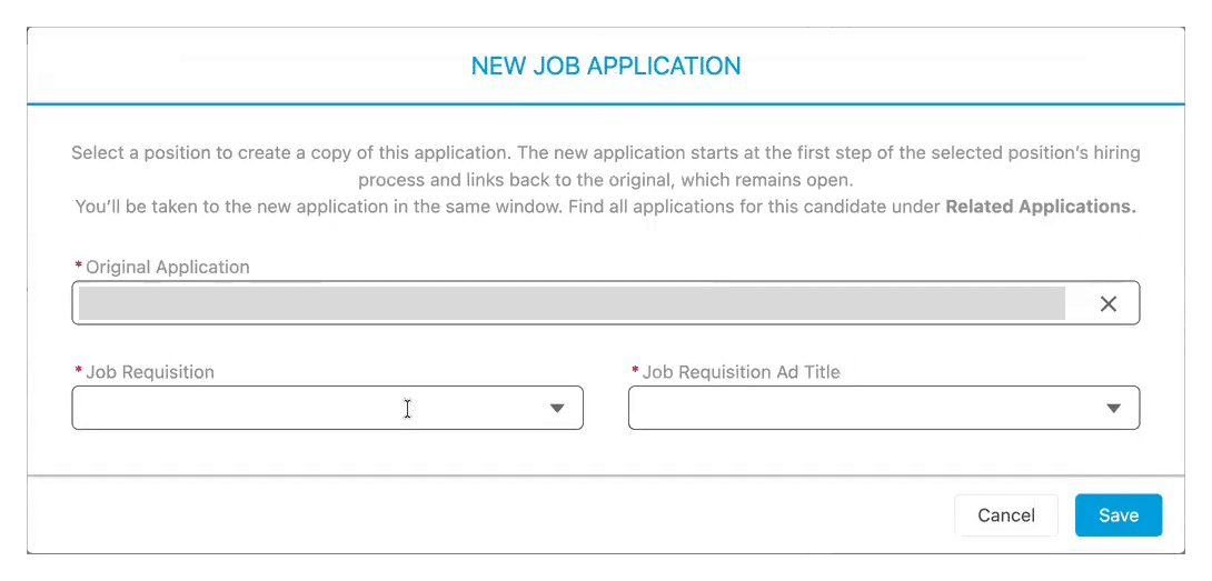 Gecko New Job Application dialog with destination requisition and ad-title fields; the original application identifier is obscured.