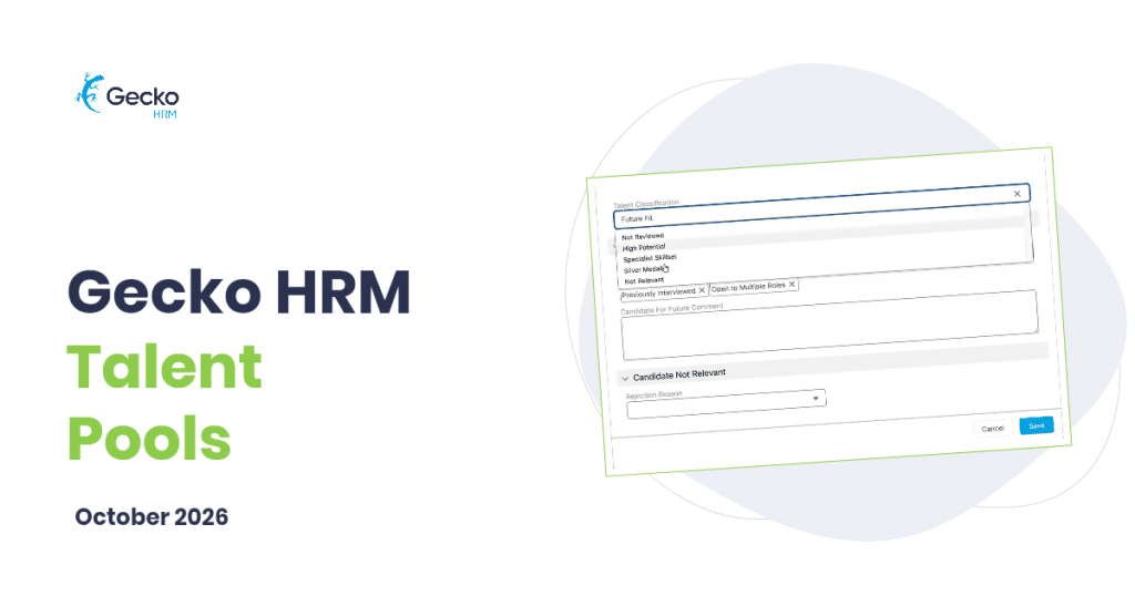 Gecko HRM Talent Pools cover with identity-free talent-classification and tag controls.